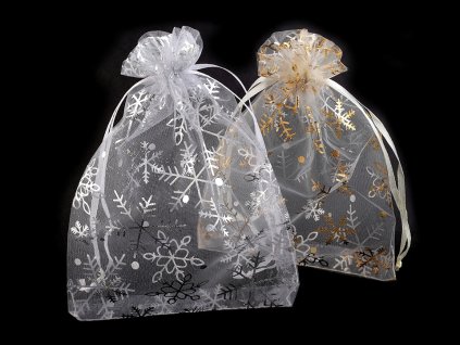 Vánoční dárkový pytlík vločky 13x18 cm organza (Varianta 1 bílá stříbrná, Balení 10 ks)