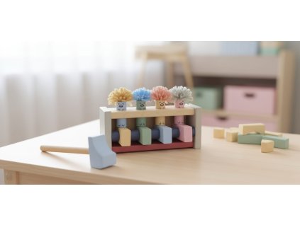 Dřevěná hračka Pop Up – Skákací klauni s kladívkem