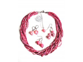 Hedvábný náhrdelník do růžova s náušnicemi
