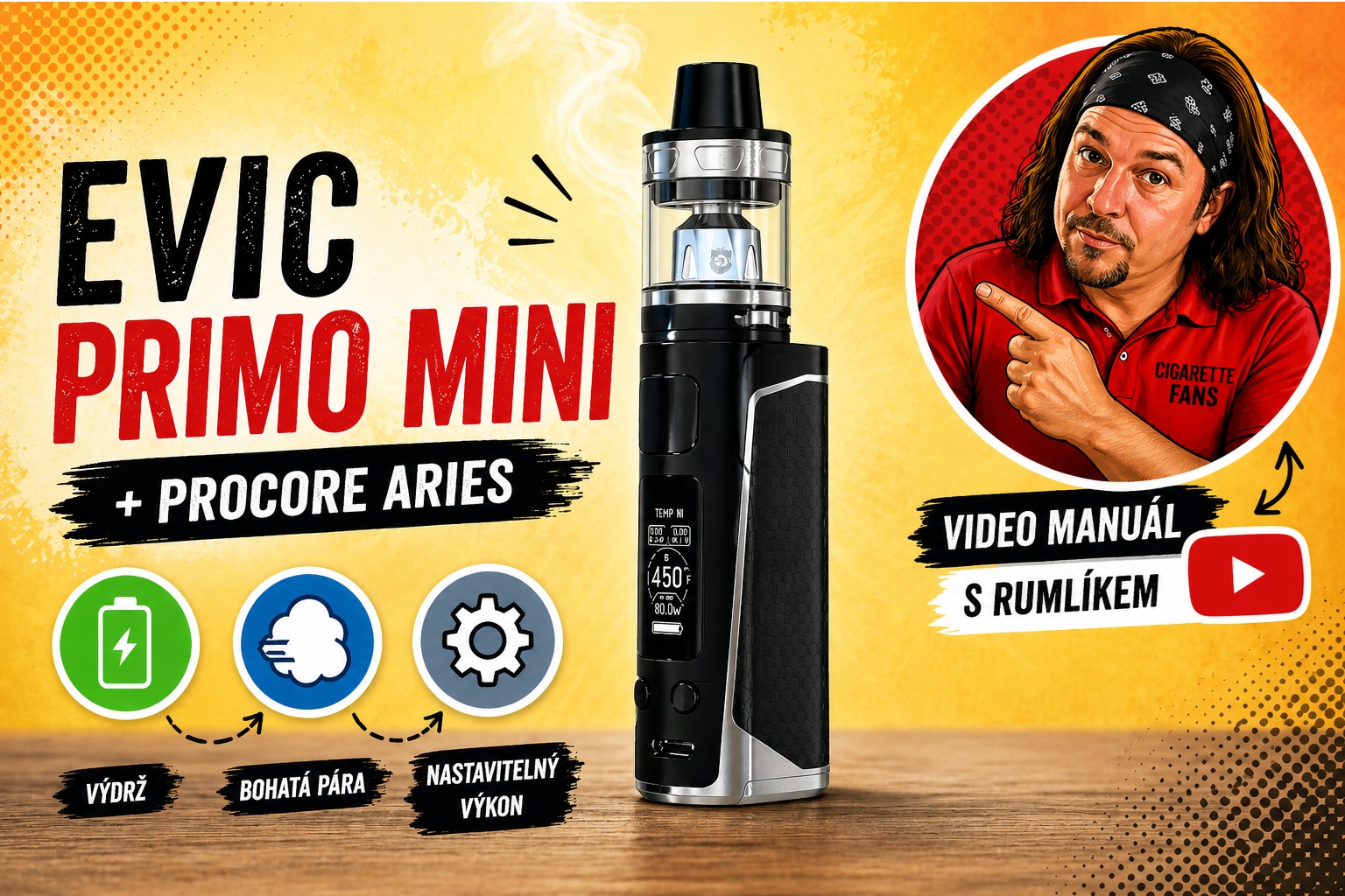 YouTube videomanuál: elektronický mód eVic Primo Mini a atomizér ProCore Aries