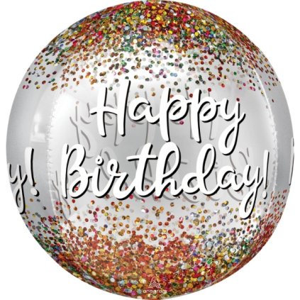 Foliový balonek koule Orbz konfetový Happy Birthday 40 cm  /BP