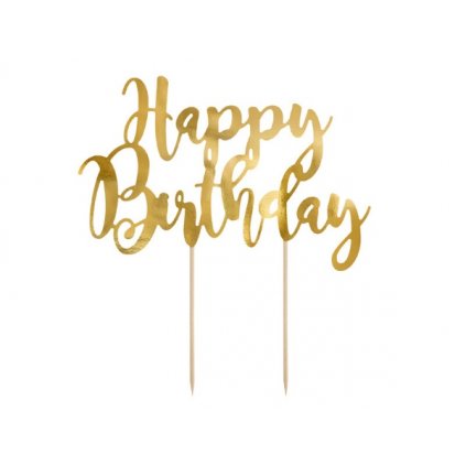 PartyDeco zapichovací dekorace na dort zlatá Happy Birthday  | Cukrářské potřeby