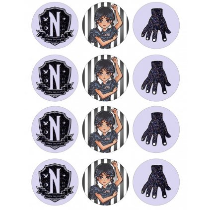 Jedlý papír WEDNESDAY - cupcakes mix č5 (● velikost velké cupcakes 6cm (12 ks na A4) ☝, ● materiál FONDÁNOVÝ DECORLIST ✴️)