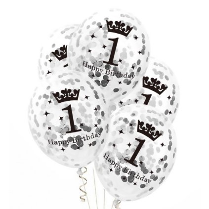 Průhledné balonky První narozeniny se stříbrnými konfetami - 30 cm, 5 ks  /BP