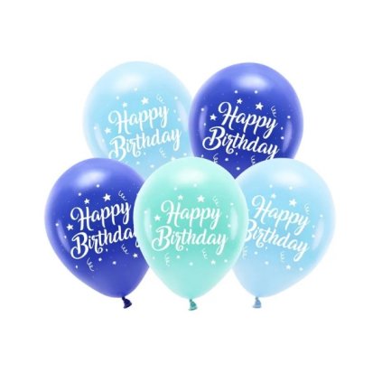 PartyDeco Eco balónky modré a tyrkysové Happy Birthday (5 ks) ♡