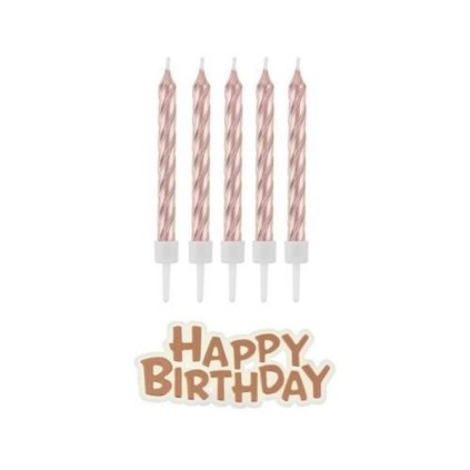 161306 dortove svicky rose gold s drzatky a napis happy birthday 8 cm 16 ks