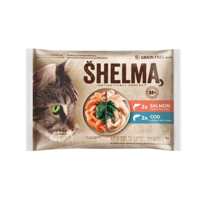 SHELMA Kapsička pro kočky losos / treska 4 x 85 g