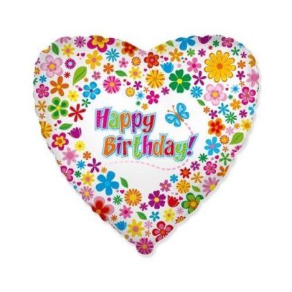 Foliový balonek srdce s kytičkami Happy Birthday 46 cm - Nebalený  /BP