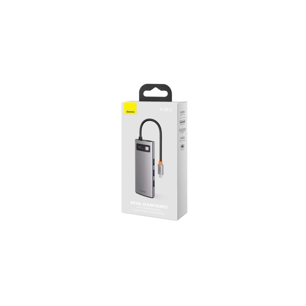 585583 baseus hub metal gleam series 6 in 1 multifunctional type c to type c pd 100w hdmi 4k 30 hz 3x usb 3 2 rj45 gray cahub cw0g