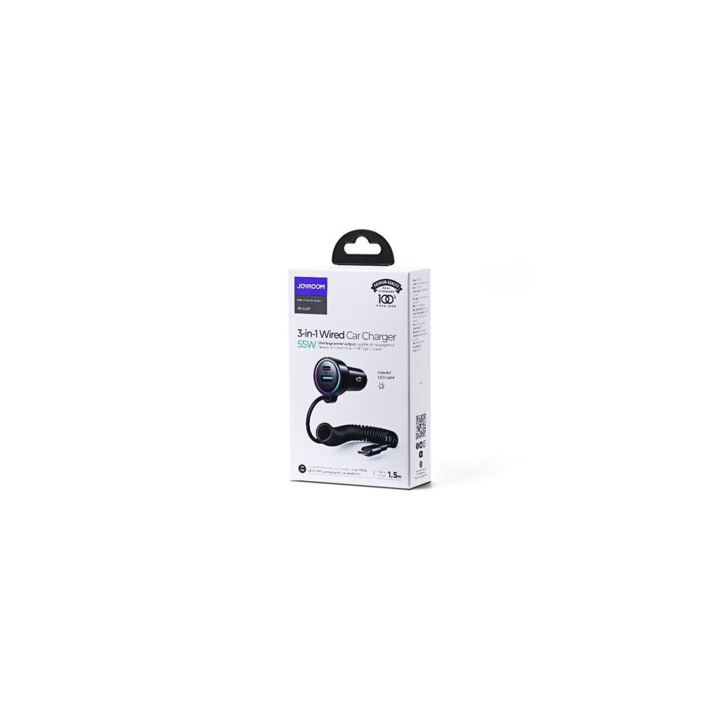 590350 joyroom car charger 3 in 1 c u with type c coiled cable 1 5m 55w cierna jr cl07