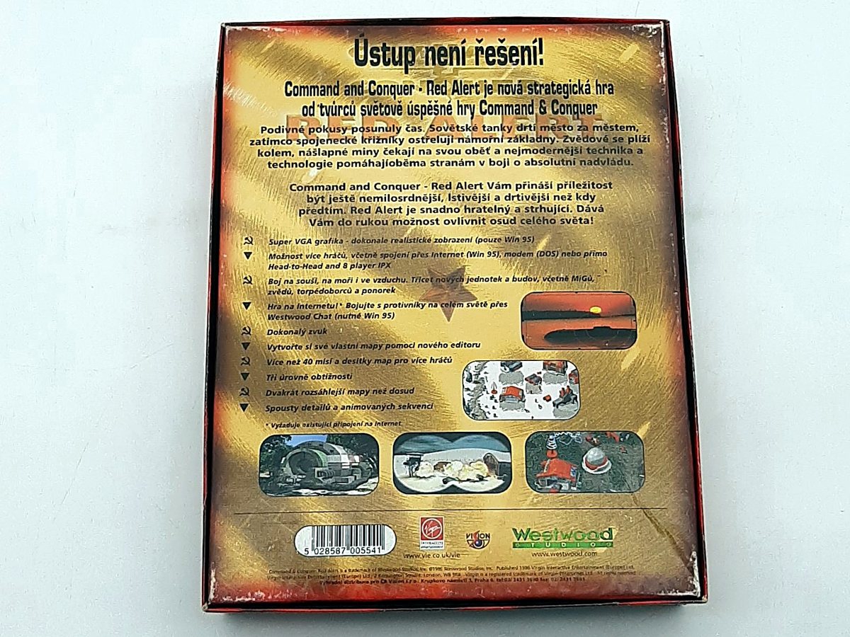 Zadní strana big boxu Command and Conquer: Red Alert s českým textem a nadpisem Ústup není řešení
