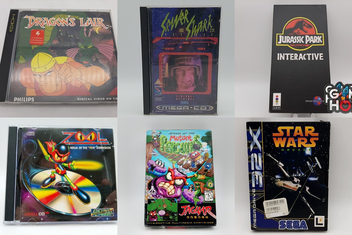 Šest her z našeho skladu, jedna pro každý systém: Dragon's Lair pro Philips CD-i, Sewer Shark pro Mega-CD, Jurassic Park Interactive pro 3DO, Zool pro Amigu CD32, Mutant Penguins pro Atari Jaguar a Star Wars Arcade pro Segu 32X