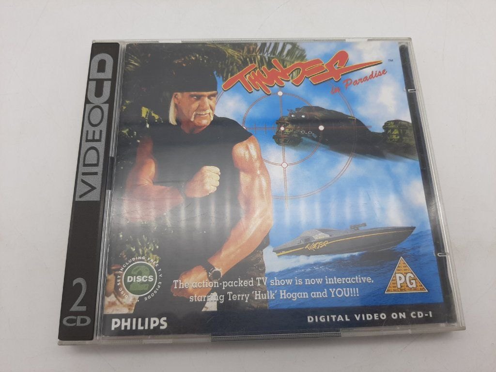 Hra Thunder in Paradise pro Philips CD-i v plastové krabičce se dvěma disky, na obalu Hulk Hogan a nápis Digital Video on CD-i
