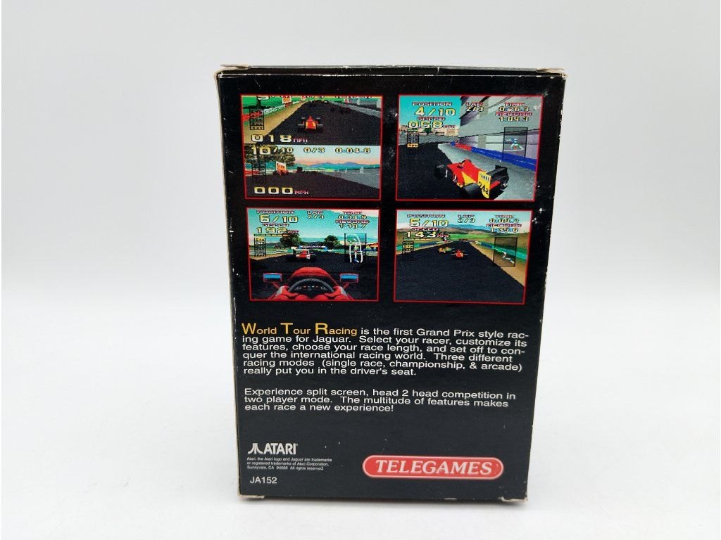 Zadní strana krabice hry World Tour Racing pro Atari Jaguar CD s červeným logem vydavatele Telegames