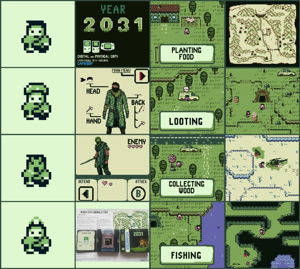 Přehled ze hry Year 2031 — postava v inventáři, souboj s nepřítelem, mapa světa a činnosti jako sázení jídla, sbírání dřeva, rybaření a prohledávání aut