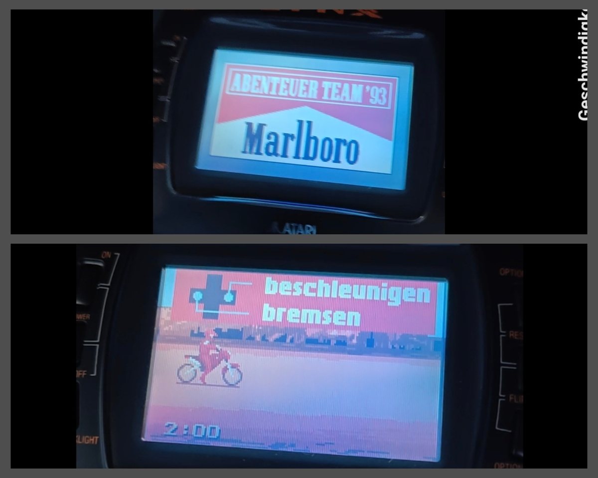 Obrazovky hry Marlboro Go! s nápisy Abenteuer Team 93, Marlboro a německými texty beschleunigen a bremsen