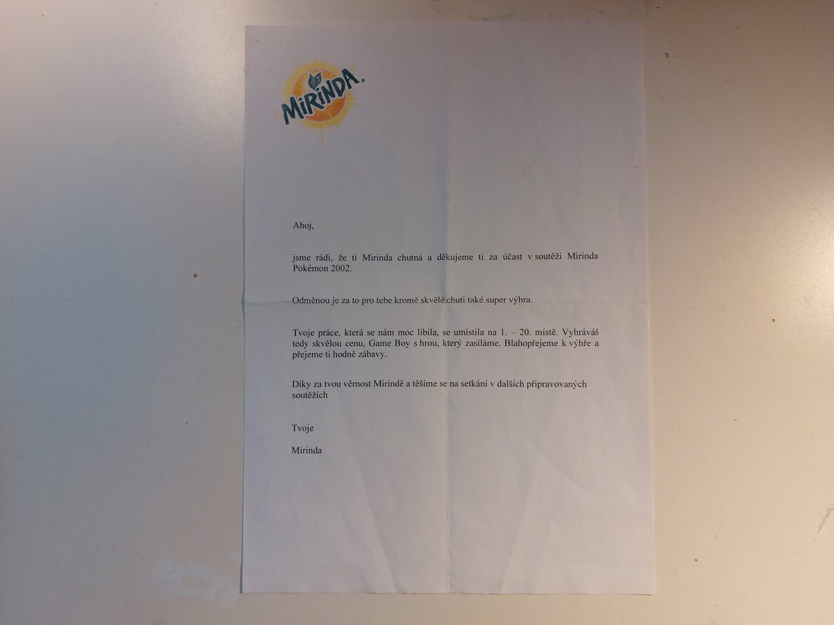Dopis s logem Mirinda pro výherce soutěže Mirinda Pokémon 2002, kteří se umístili na 1. až 20. místě