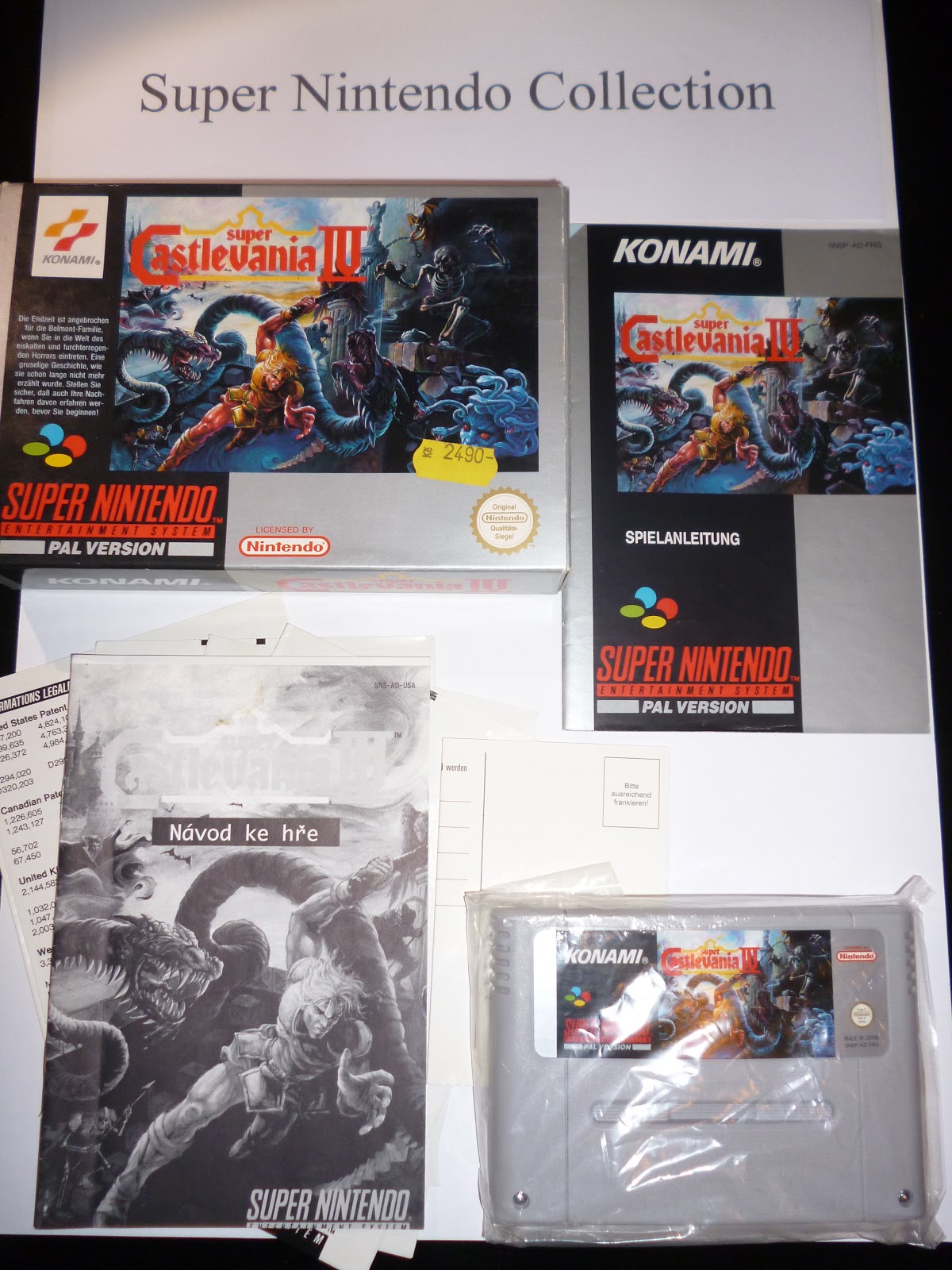 Super Castlevania IV — kompletní balení s českým manuálem a dobovou cenovkou 2490 Kč