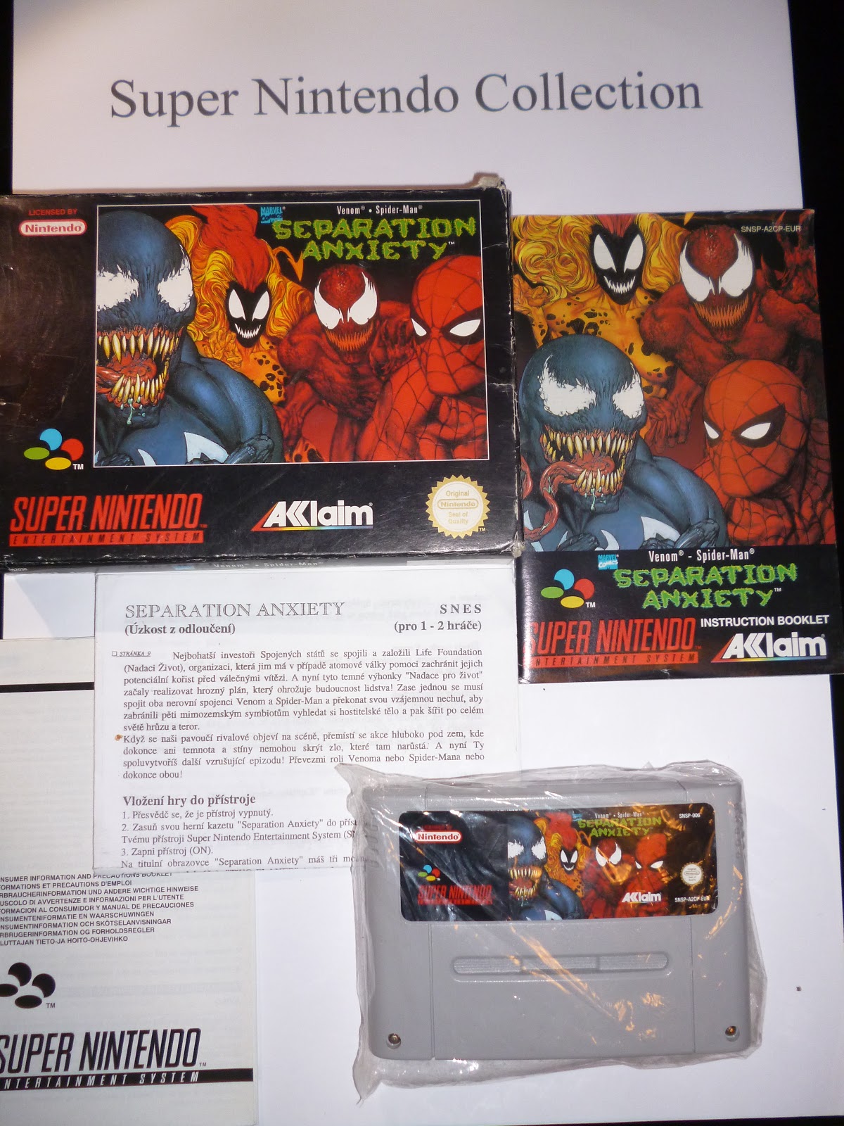 Spiderman Separation Anxiety — kompletní balení SNES s přeloženým manuálem