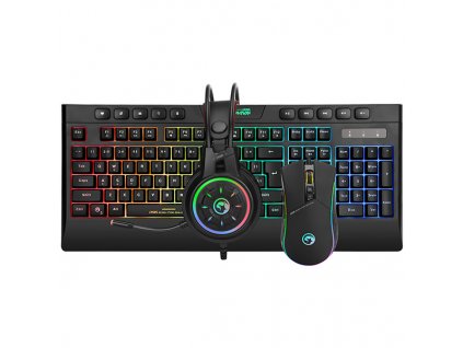 Marvo RGB sada klávesnice CM305, herní, membránová typ černá, drátová (USB), US, s herní myší a sluchátky, RGB podsvícená