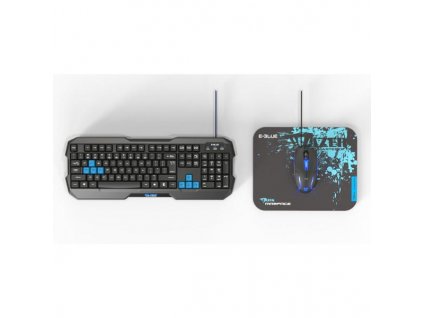 E-BLUE Sada klávesnice Polygon, herní, a podložkou Mazer Marface S typ černo-modrá, drátová (USB), US, s myší Cobra II