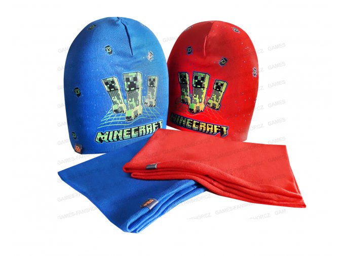 Čepice dětská s nákrčníkem Minecraft Creeper dvouvrstvá (Barva azure blue)
