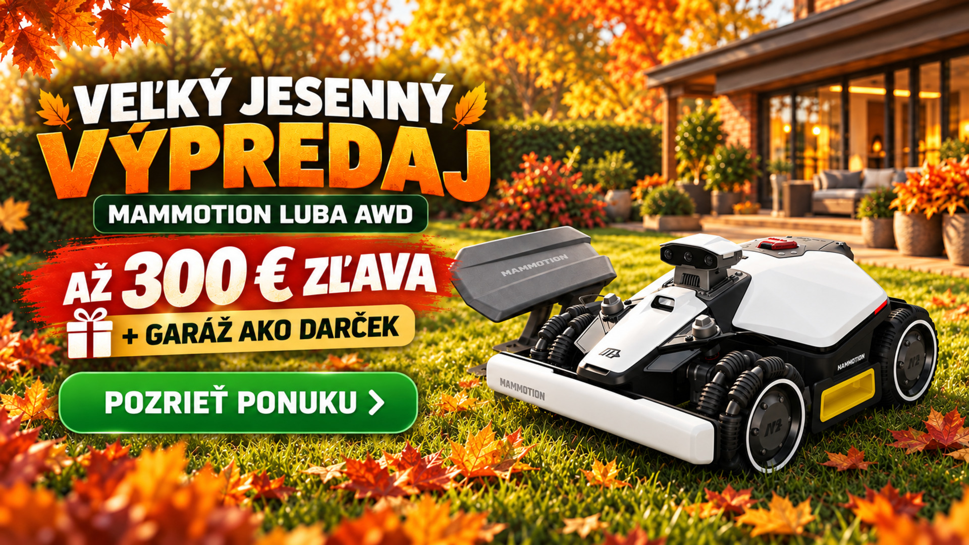Veľký jesenný výpredaj robotických kosačiek Mammotion LUBA AWD – zľava až 300 € a garáž ako darček