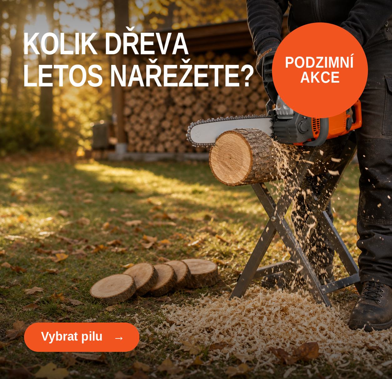 Motorová pila Husqvarna při řezání palivového dřeva – podzimní akce