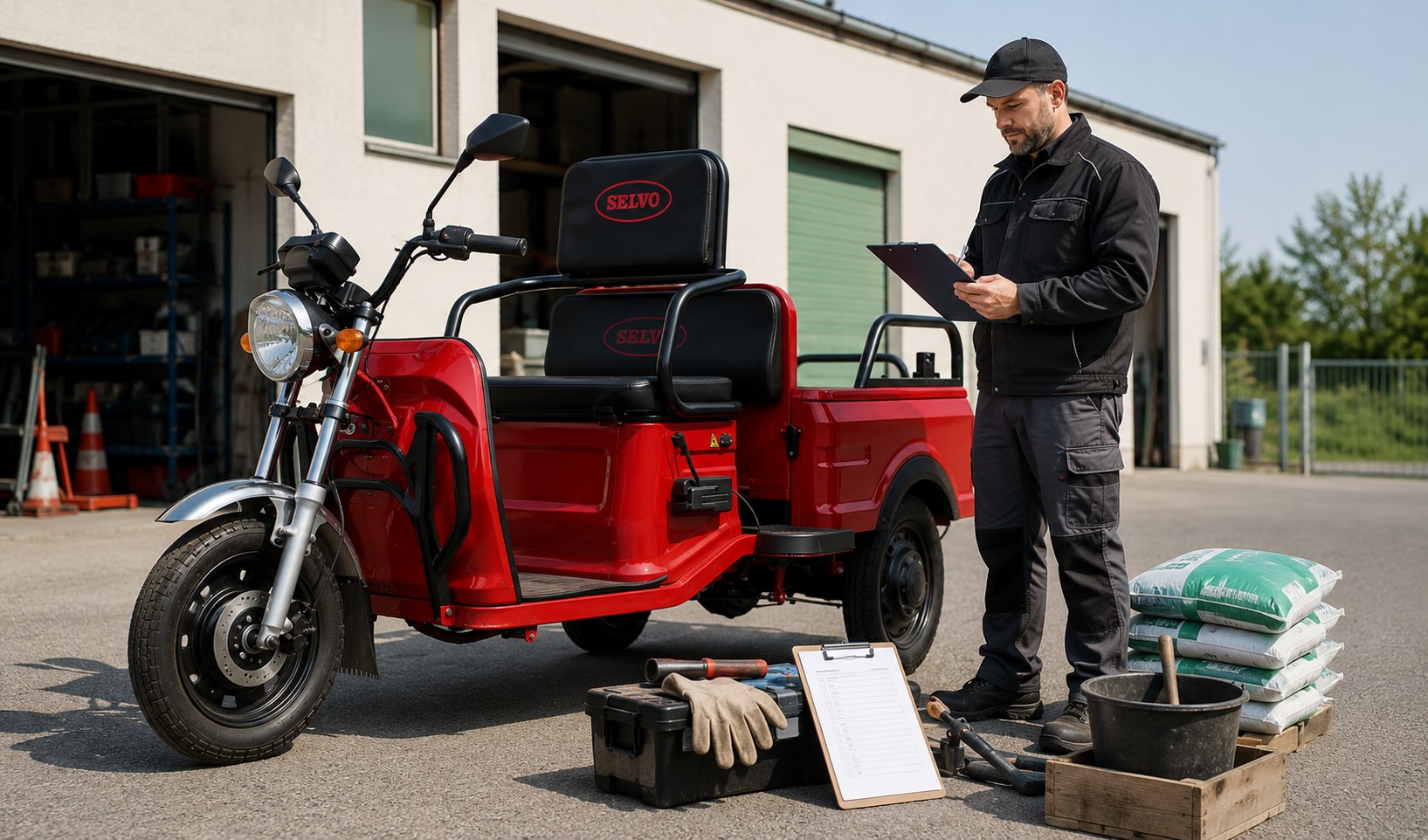 Pracovní elektrická tříkolka připravená na denní provoz s plánem tras, nářadím a materiálem