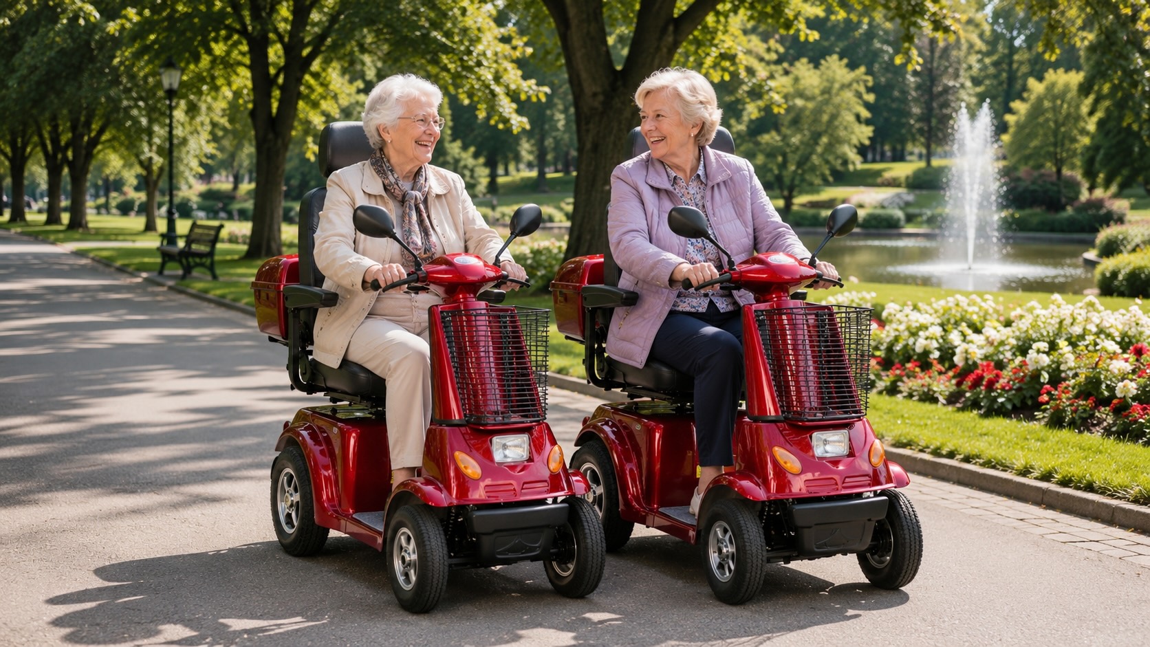 Dvě seniorky na elektrických vozících při projížďce parkem