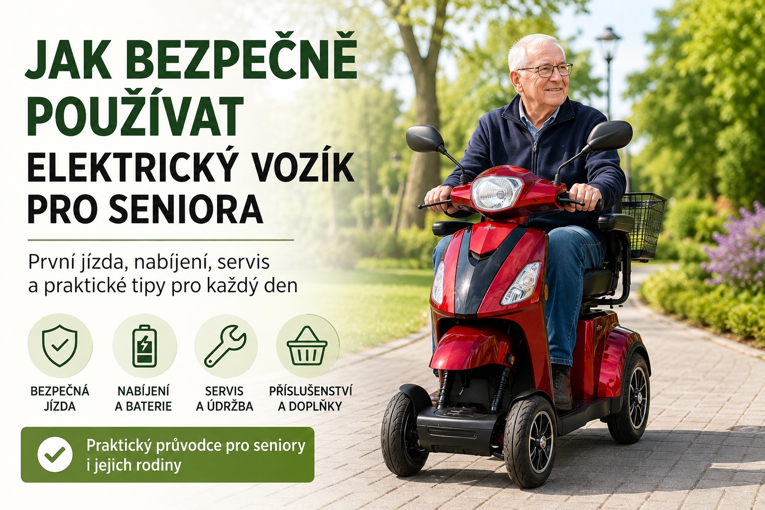 Elektrický vozík pro seniory při bezpečné jízdě na zpevněné cestě