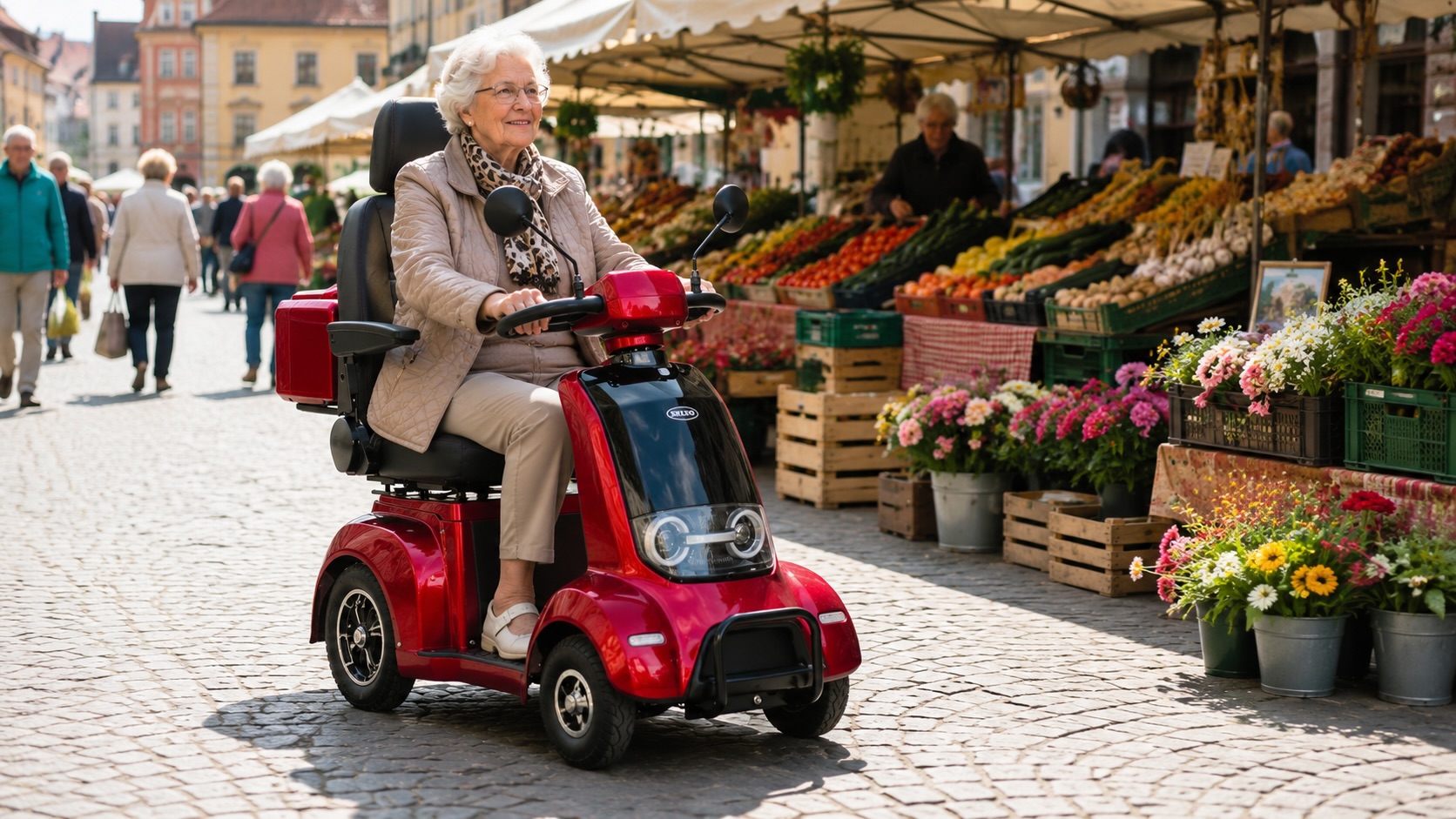 Seniorka na elektrickém vozíku při nákupu na tržnici