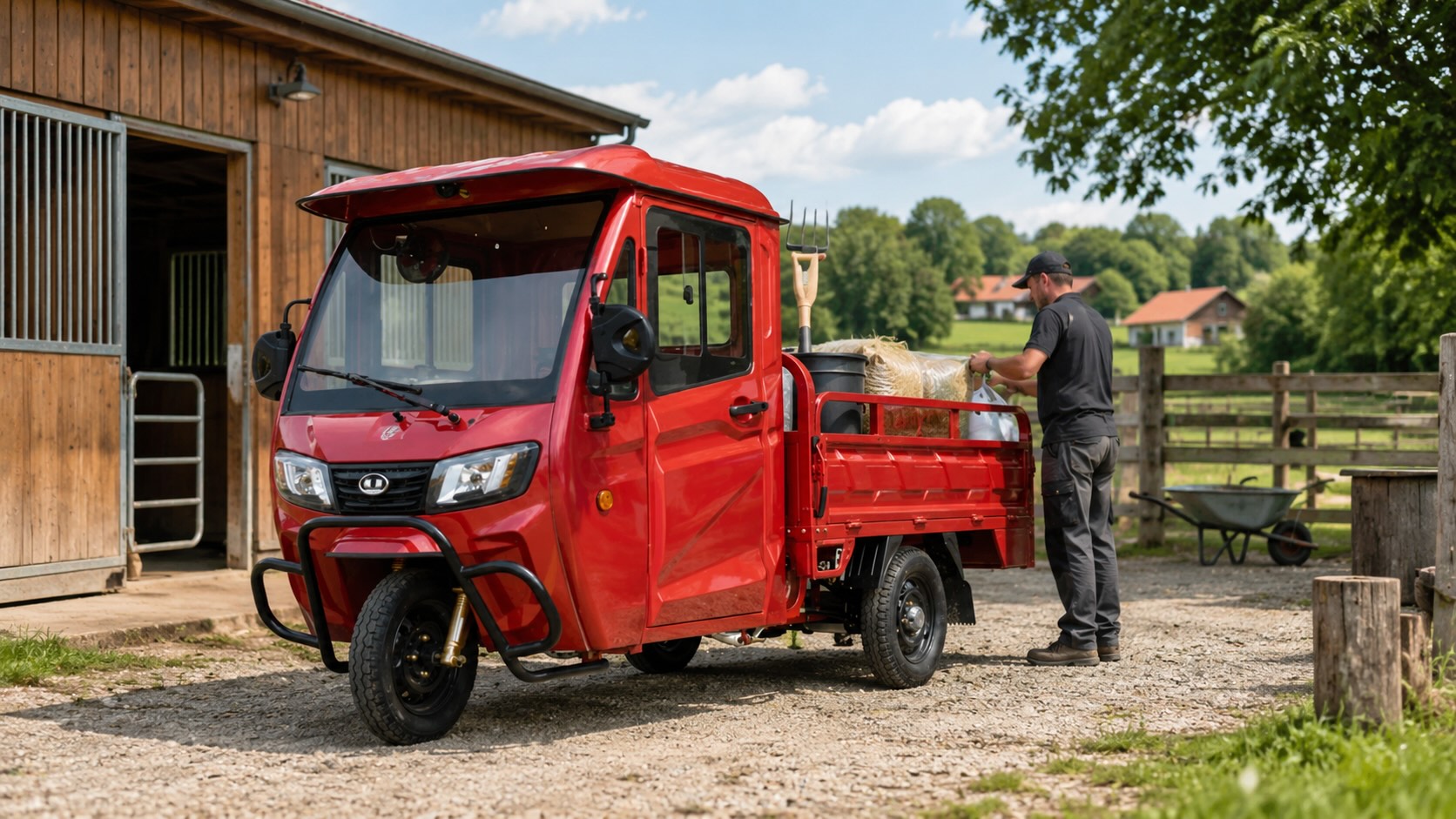 Elektro vozítko na farmu a ke koním jako pracovní tříkolka pro převoz krmiva a nářadí