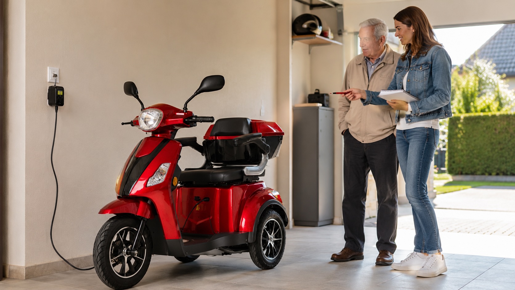 Kontrola místa pro nabíjení elektrického vozíku pro seniora doma v garáži