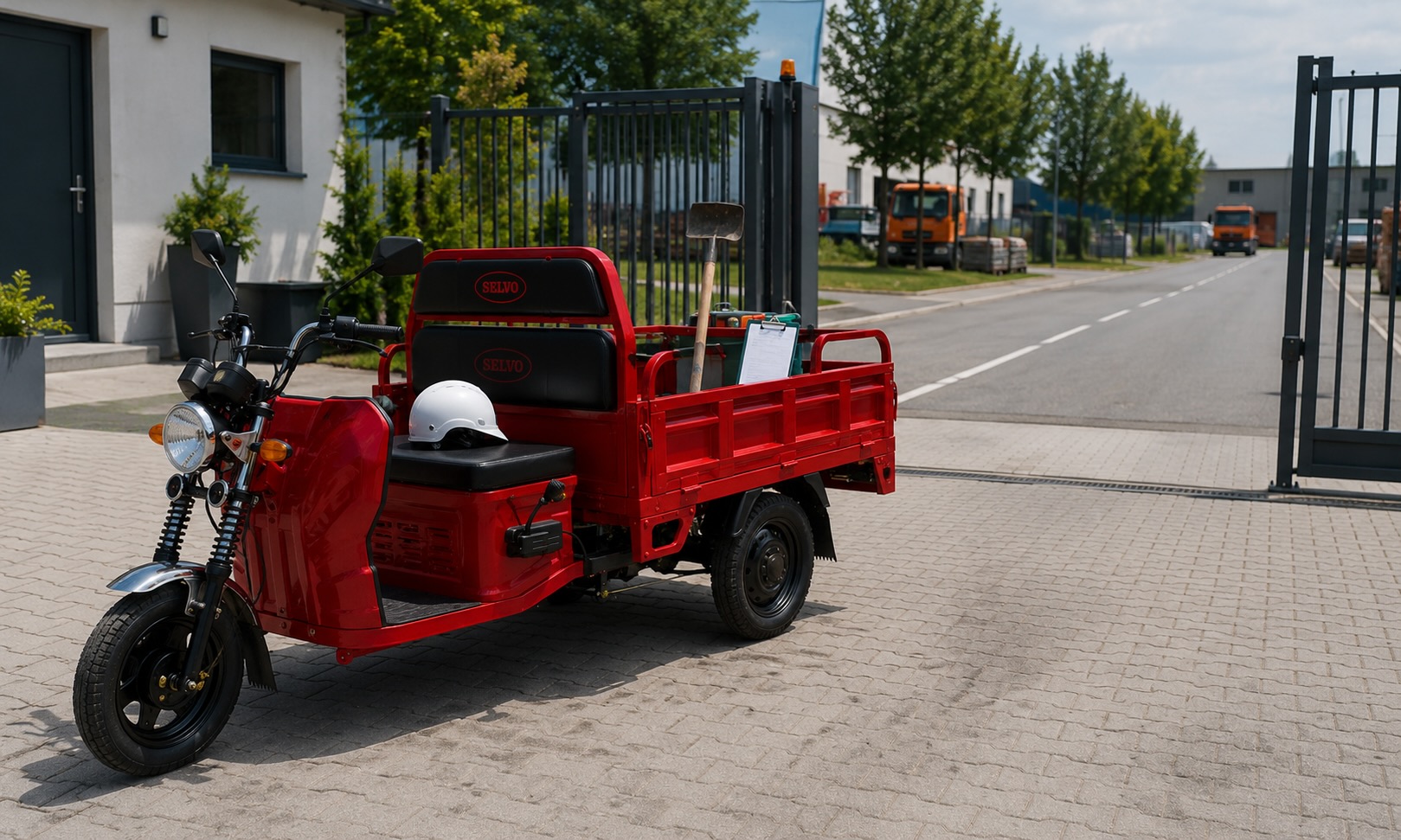 Pracovní elektrická tříkolka na hranici areálu a pozemní komunikace před ověřením pravidel provozu