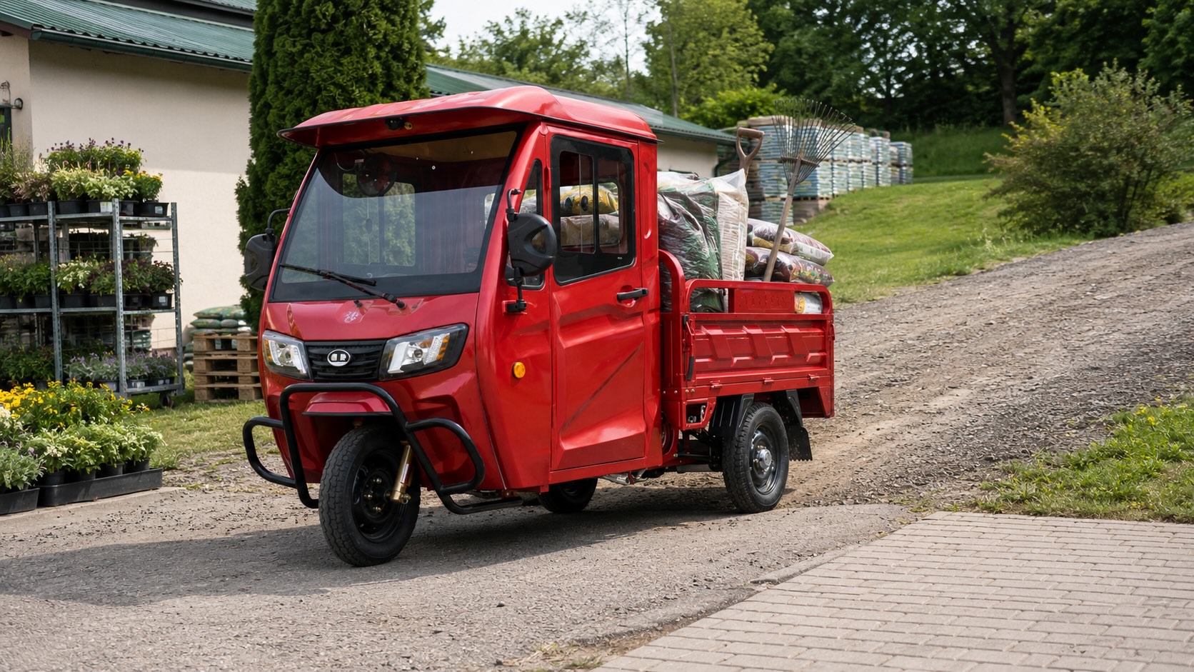Pracovní elektrická tříkolka s nákladem na nerovném povrchu, kde dojezd ovlivňuje hmotnost, terén a kopce