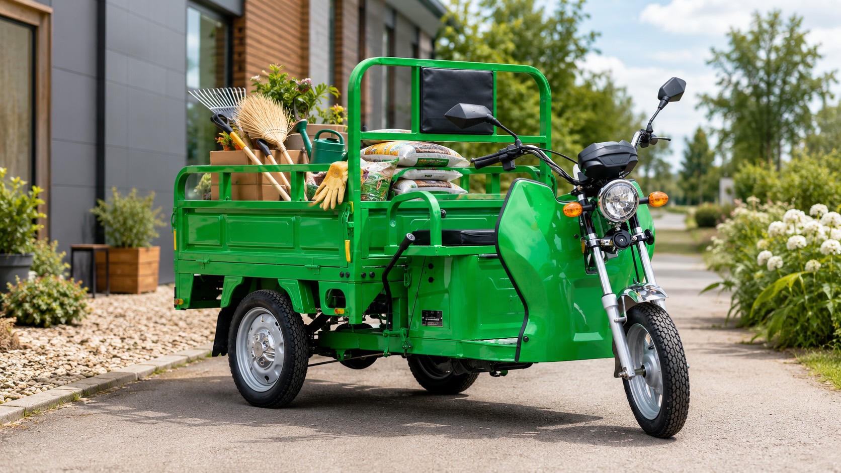 Pracovní elektrická tříkolka s korbou na nářadí a materiál pro kratší pracovní trasy