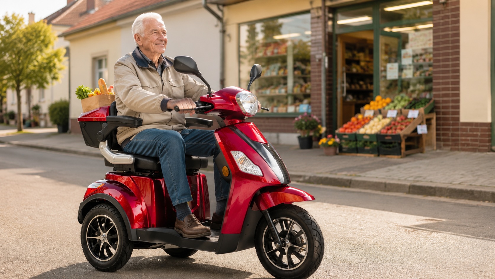 Senior jede z nákupu na elektrické tříkolce SELVO 31000