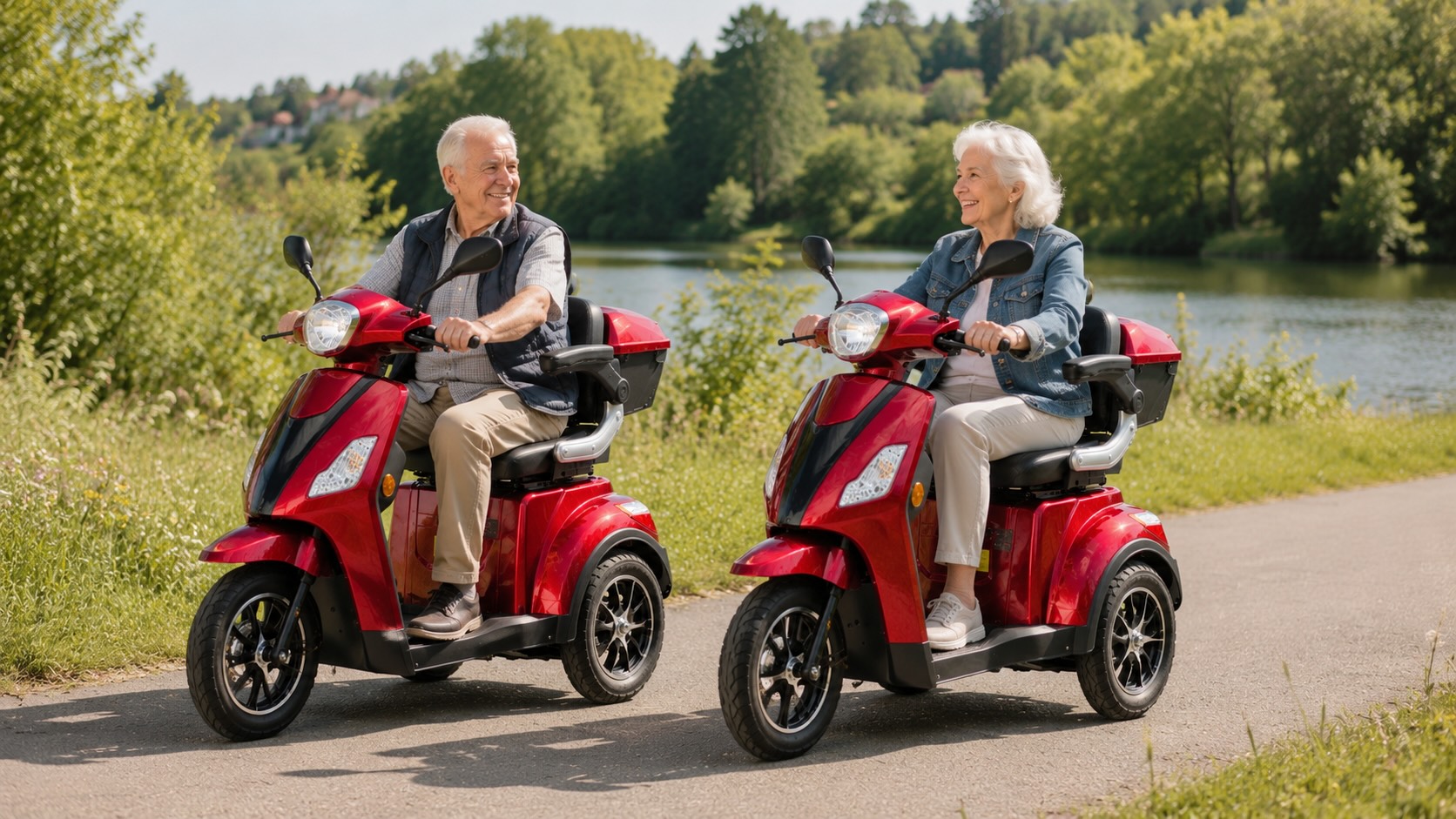 Senior a seniorka jedou na elektrických tříkolkách SELVO 31000 po cestě v přírodě
