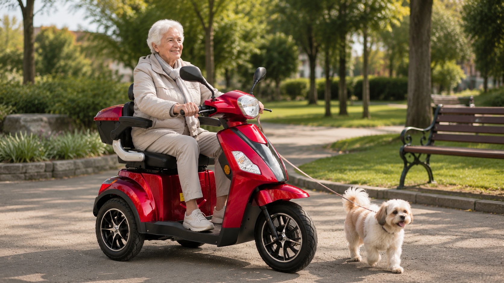 Seniorka venčí psa na elektrické tříkolce SELVO 31000