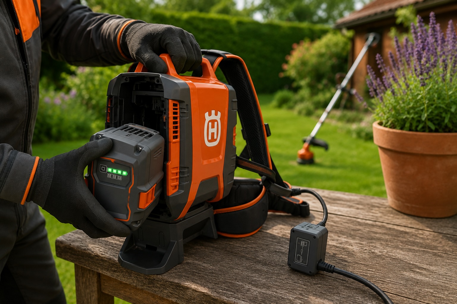 Výměna aku baterie Husqvarna při práci se zahradní technikou