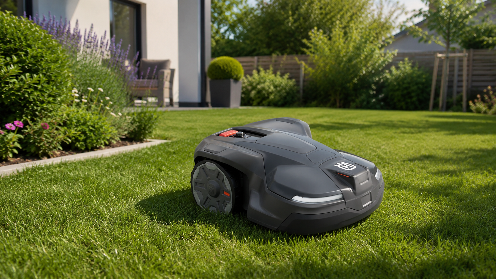 Robotická sekačka Husqvarna Automower při pravidelném sečení trávníku