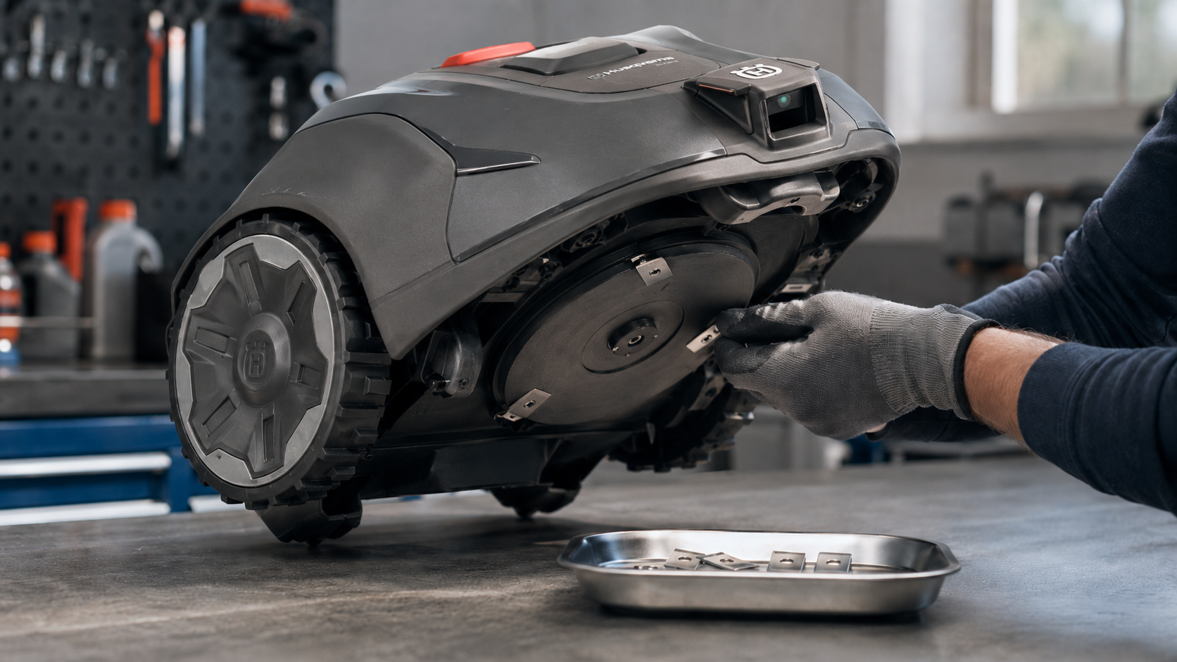 Kontrola nožů a spodní části robotické sekačky Automower před zazimováním