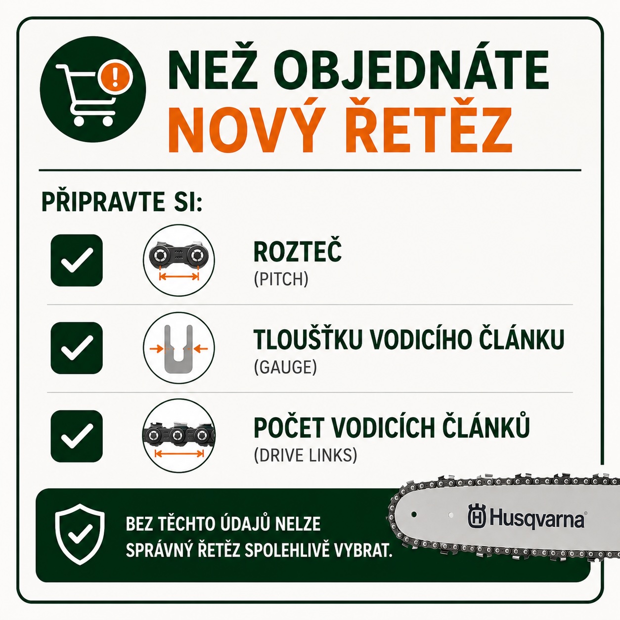 Checklist údajů potřebných před objednáním nového řetězu na motorovou pilu.