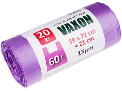 Pytle na odpadky Vaxon 60 l – 20 ks, 15 µm, s uchy, fialové