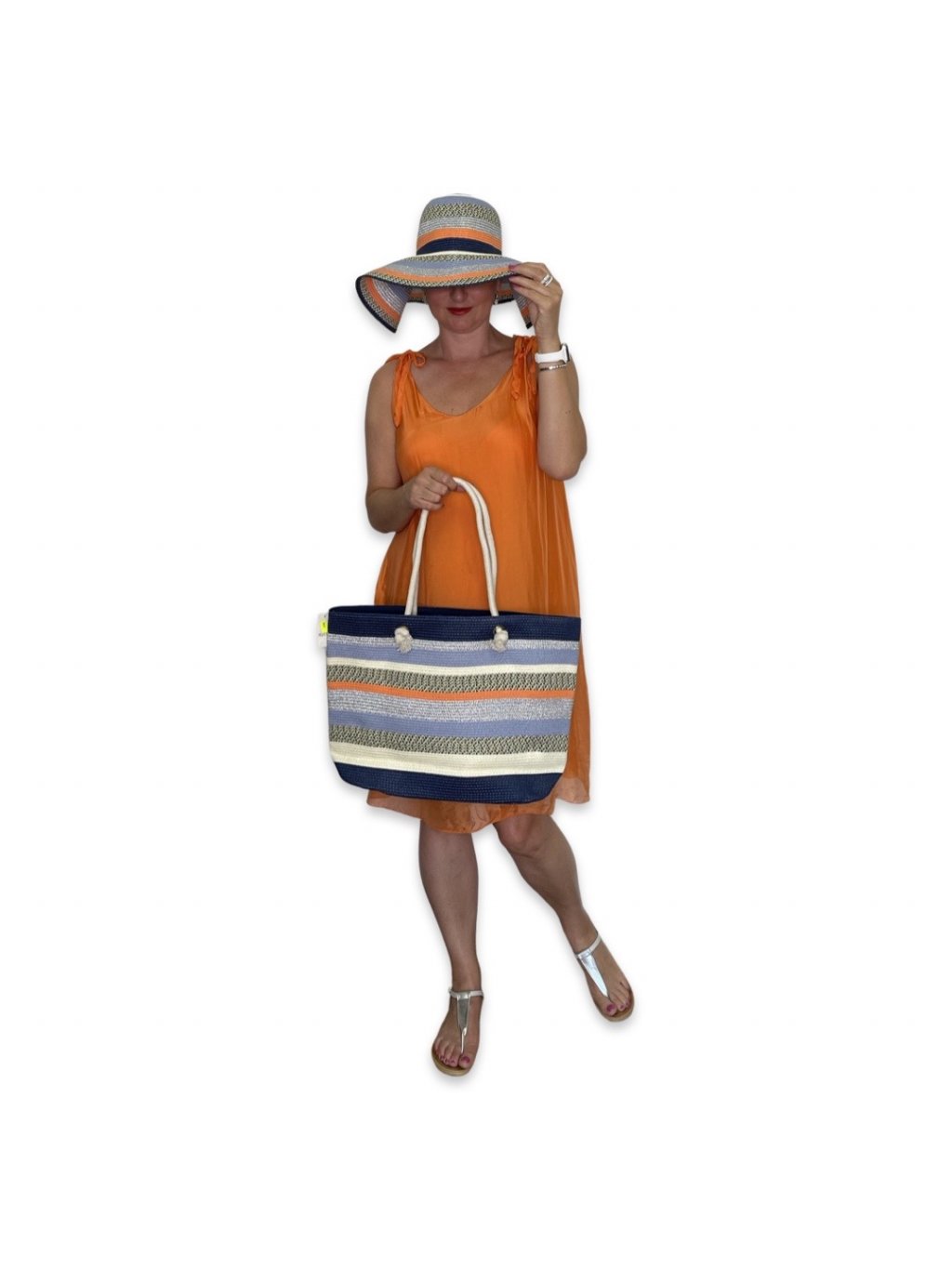 Plážový set klobouk a taška - modro-oranžový