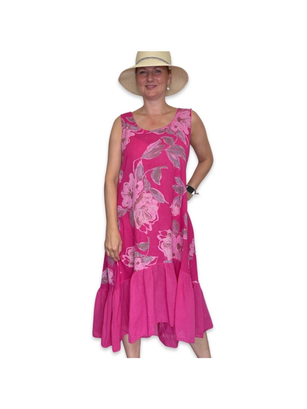 Lněné šaty tílkového střihu s volánem - růžové