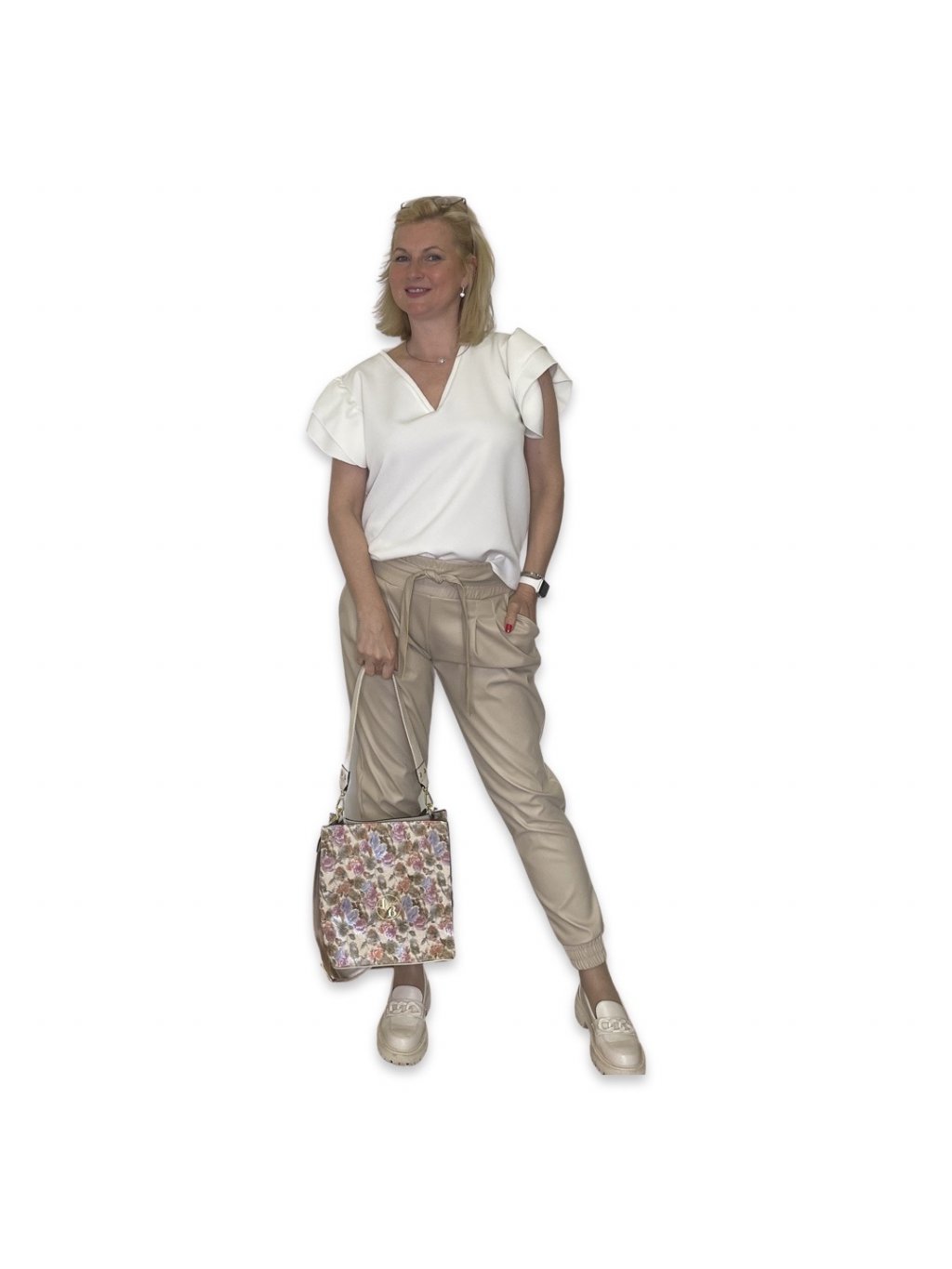 La Blanche koženkové kalhoty s opaskem - béžové