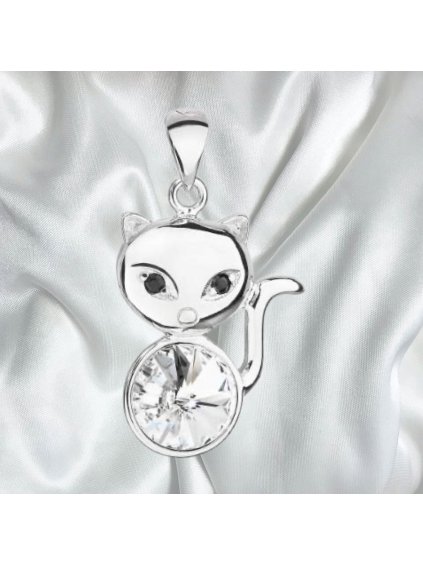 Stříbrný přívěsek s krystalem Swarovski - bílá kočka
