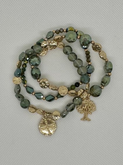 Trojitý skládaný náramek se stromem života - zelený